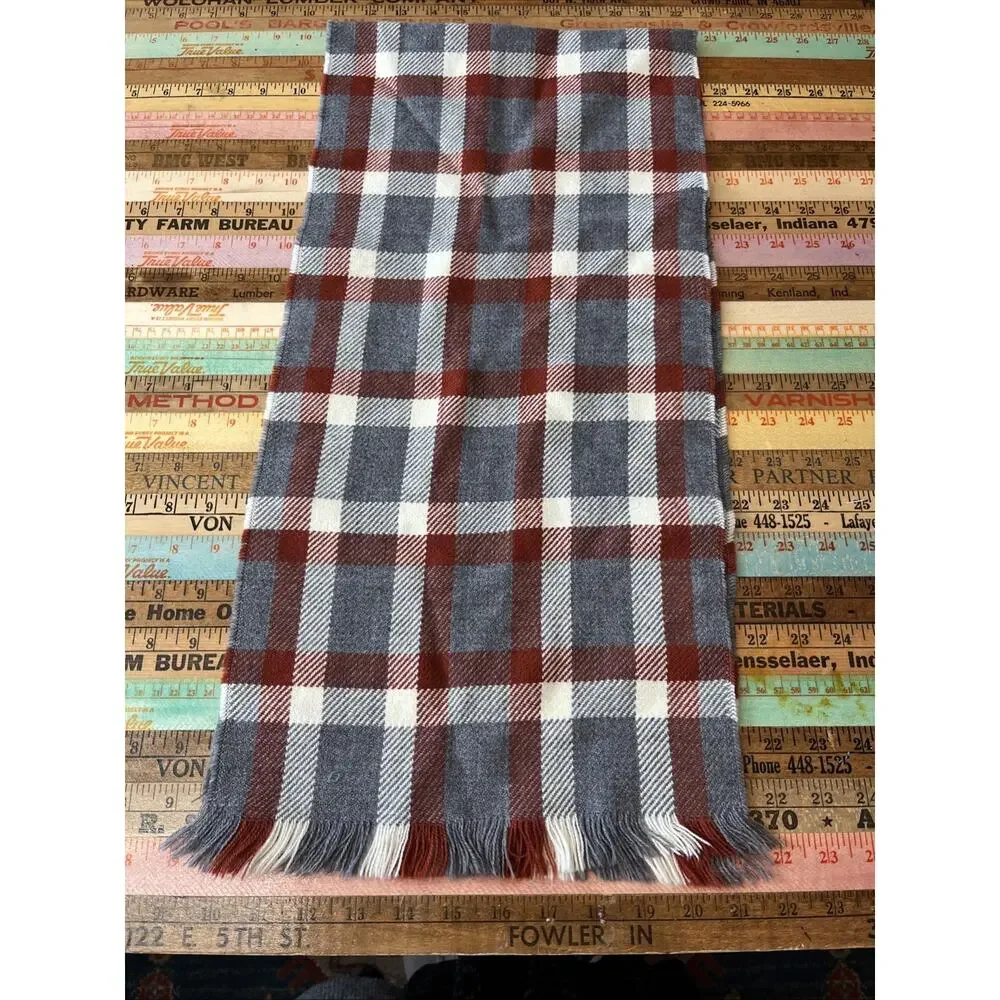 Vintage Plaid Scarf Orange Gray Orlon Made In USA Checkered 1950s 50X11